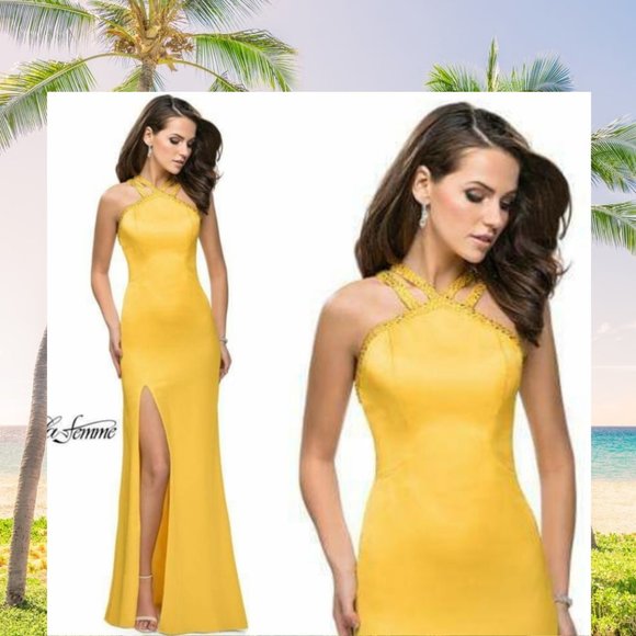 NWT LA FEMME High Halter Beaded Sheath Satin Gown Shiny Glossy Sexy Slit Strappy - Picture 1 of 13